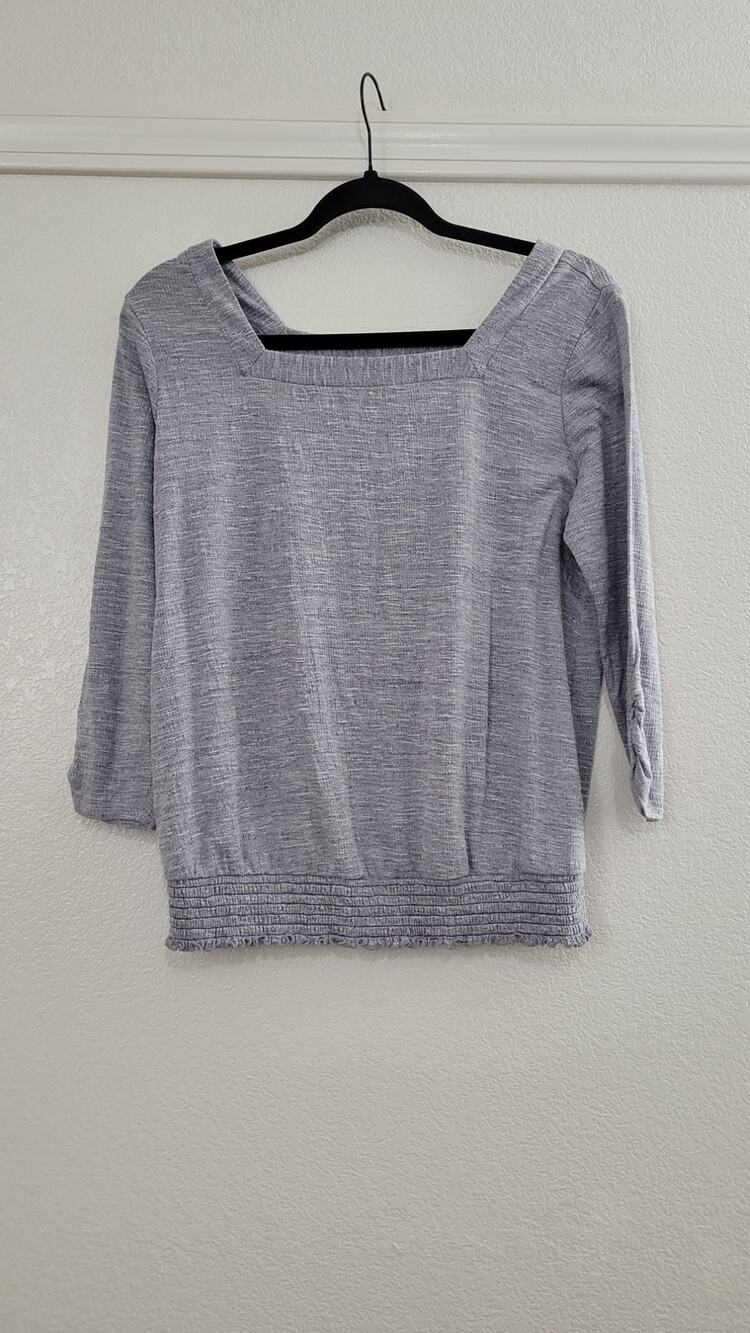 AB Studio Gray Heather Square Neck Smocked Hem 3/4 Sleeve Knit Top Women's M